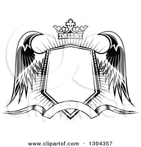 Clipart of a Black and White Winged Shield, Black Banner and Crown over a Burst 3 - Royalty Free Vector Illustration by Vector Tradition SM