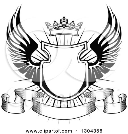 Clipart of a Black and White Winged Shield, Black Banner and Crown over a Burst 4 - Royalty Free Vector Illustration by Vector Tradition SM