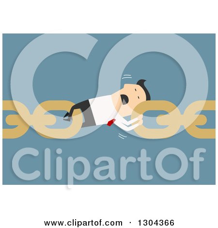 Clipart of a Flat Modern White Businessman Struggling to Hold Links Together, over Blue - Royalty Free Vector Illustration by Vector Tradition SM