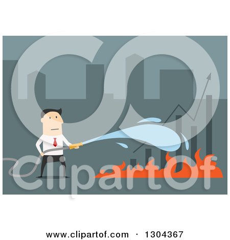 Clipart of a Flat Modern White Businessman Extinguising a Bar Graph, over Blue - Royalty Free Vector Illustration by Vector Tradition SM