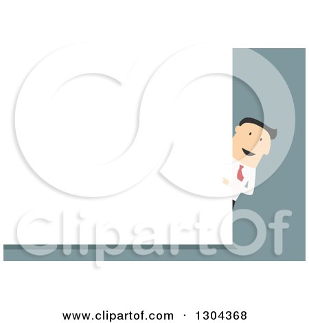 Clipart of a Flat Modern White Businessman Pointing Around a Blank Sign, over Blue - Royalty Free Vector Illustration by Vector Tradition SM