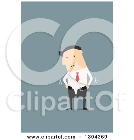Clipart of a Flat Modern White Businessman Struggling to Put on His Skinny Pants, over Blue - Royalty Free Vector Illustration by Vector Tradition SM