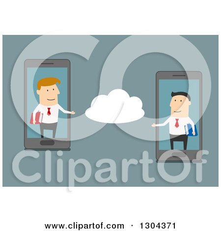 Clipart of Flat Modern White Businessmen Communicating on the Cloud Via Cell Phones, over Blue - Royalty Free Vector Illustration by Vector Tradition SM
