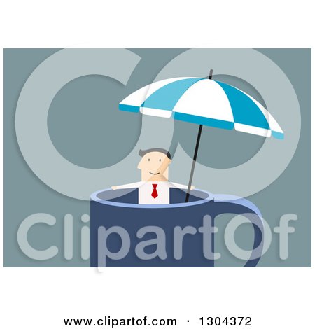 Clipart of a Flat Modern White Businessman Relaxing in a Giant Coffee Cup, over Blue - Royalty Free Vector Illustration by Vector Tradition SM
