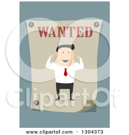 Clipart of a Flat Modern White Businessman Flexing on a Wanted Poster, over Blue - Royalty Free Vector Illustration by Vector Tradition SM