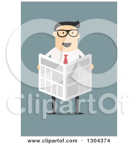 Clipart of a Flat Modern White Businessman Wearing Glasses and Reading a Newspaper, over Blue - Royalty Free Vector Illustration by Vector Tradition SM