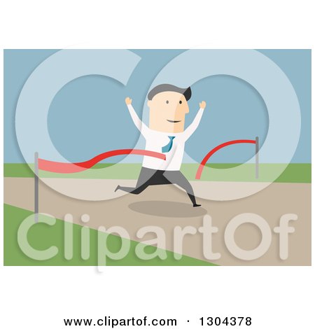 Clipart of a Flat Modern White Businessman Breaking Through a Finish Line, over Blue - Royalty Free Vector Illustration by Vector Tradition SM