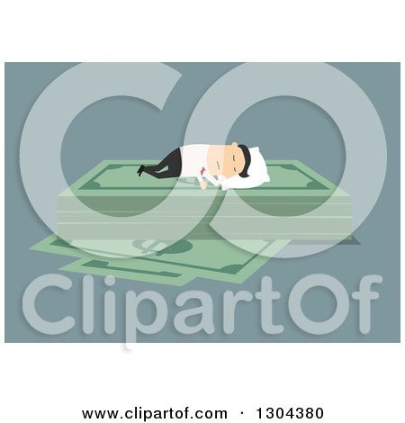 Clipart of a Flat Modern White Businessman Sleeping on a Bed of Money, over Blue - Royalty Free Vector Illustration by Vector Tradition SM