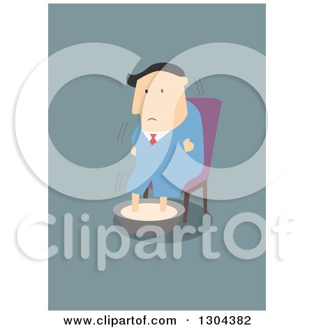 Clipart of a Flat Modern White Businessman Shivering and Soaking His Feet, over Blue - Royalty Free Vector Illustration by Vector Tradition SM