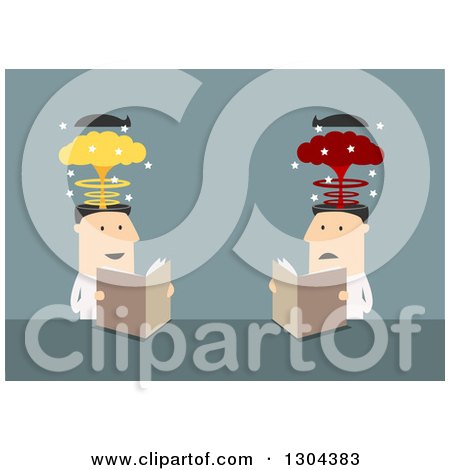 Clipart of Flat Modern White Businessmen Reading a Mind Blowing Article, over Blue - Royalty Free Vector Illustration by Vector Tradition SM