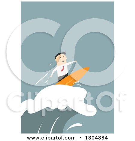Clipart of a Flat Modern White Businessman Surfing a Wave, over Blue - Royalty Free Vector Illustration by Vector Tradition SM