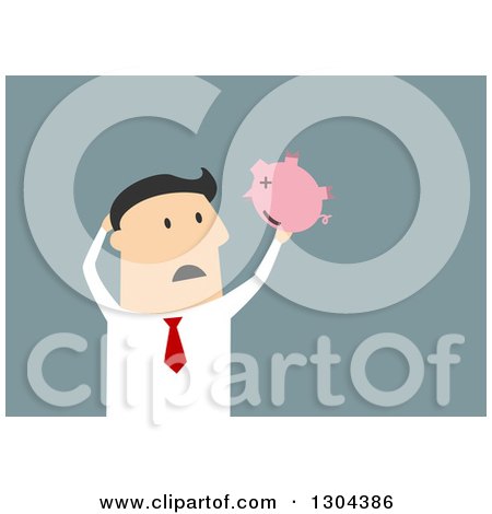 Clipart of a Flat Modern White Businessman Discovering an Empty Piggy Bank, over Blue - Royalty Free Vector Illustration by Vector Tradition SM