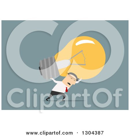 Clipart of a Flat Modern White Businessman Carrying a Heavy Light Bulb, over Blue - Royalty Free Vector Illustration by Vector Tradition SM