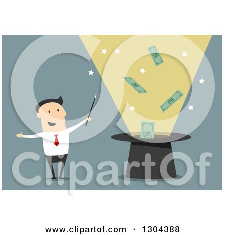 Clipart of a Flat Modern White Businessman Wizard Doing a Money Trick, over Blue - Royalty Free Vector Illustration by Vector Tradition SM