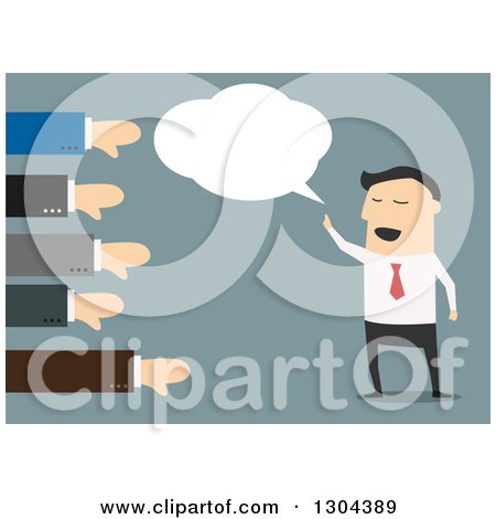 Clipart of a Flat Modern White Businessman Speaking with Hands Giving Thumbs Down, over Blue - Royalty Free Vector Illustration by Vector Tradition SM