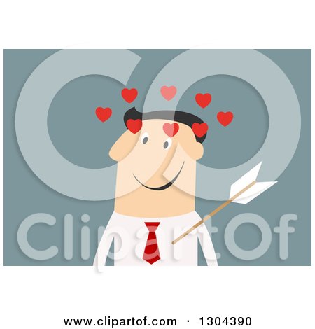 Clipart of a Flat Modern White Businessman Struck with Cupids Arrow, over Blue - Royalty Free Vector Illustration by Vector Tradition SM