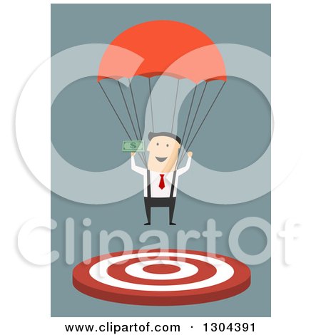 Clipart of a Flat Modern White Businessman Parachuting with Money and Landing on a Target, over Blue - Royalty Free Vector Illustration by Vector Tradition SM