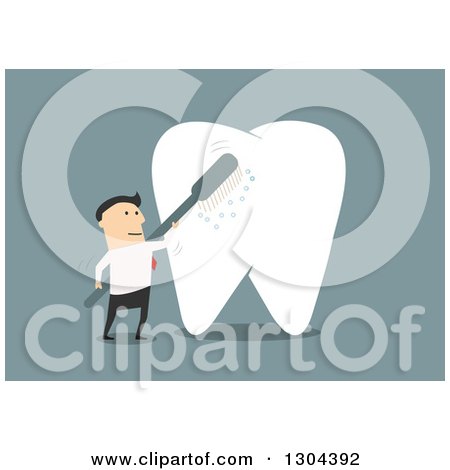 Clipart of a Flat Modern White Businessman Brushing a Giant Tooth, over Blue - Royalty Free Vector Illustration by Vector Tradition SM