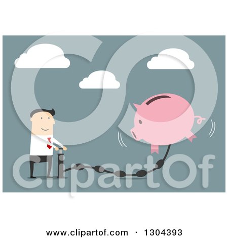 Clipart of a Flat Modern White Businessman Pumping Money into a Piggy Bank, over Blue - Royalty Free Vector Illustration by Vector Tradition SM