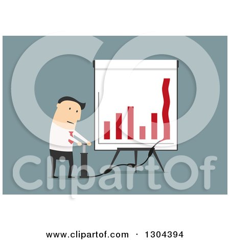 Clipart of a Flat Modern White Businessman Trying to Pump up a Bar Graph, over Blue - Royalty Free Vector Illustration by Vector Tradition SM