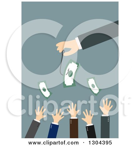 Clipart of a Flat Modern White Businessman Holding Cash on a Hook over Hands, over Blue - Royalty Free Vector Illustration by Vector Tradition SM