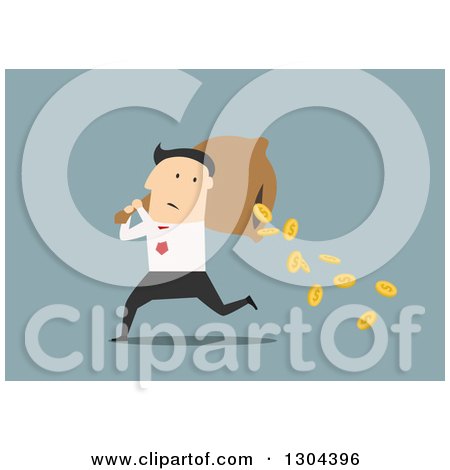 Clipart of a Flat Modern White Businessman Running with a Spilling Money Bag, over Blue - Royalty Free Vector Illustration by Vector Tradition SM
