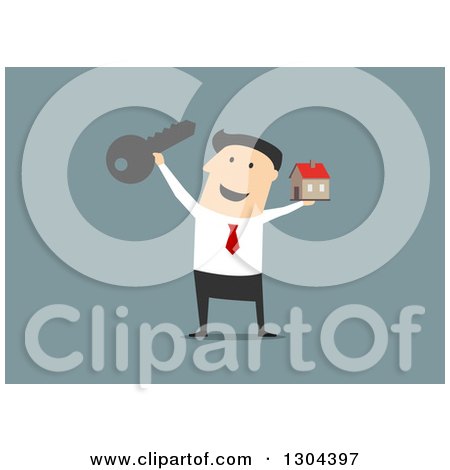 Clipart of a Flat Modern White Businessman or Realtor Holding a House and Key, over Blue - Royalty Free Vector Illustration by Vector Tradition SM