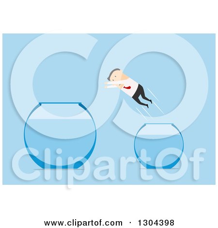 Clipart of a Flat Modern White Businessman Leaping into a Larger Fish Bowl, over Blue - Royalty Free Vector Illustration by Vector Tradition SM
