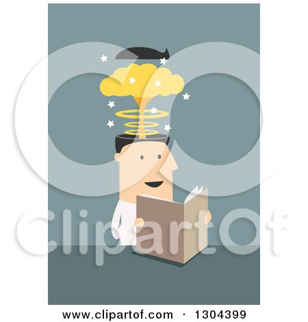 Clipart of a Flat Modern White Businessman Reading a Mind Blowing Article, over Blue - Royalty Free Vector Illustration by Vector Tradition SM