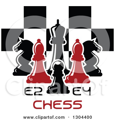 Clipart of Red and Black Chess Pieces Against a Checker Board over Text - Royalty Free Vector Illustration by Vector Tradition SM