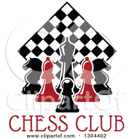 Clipart of Red and Black Chess Pieces Against a Diamond Checker Board over Text - Royalty Free Vector Illustration by Vector Tradition SM