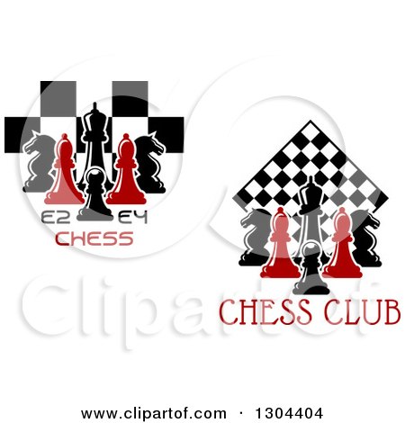 Clipart of Red and Black Chess Pieces and Boards over Text - Royalty Free Vector Illustration by Vector Tradition SM