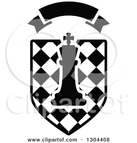 Clipart of a Black and White Outlined Chess King Piece over a Checkered Shield with a Blank Banner - Royalty Free Vector Illustration by Vector Tradition SM