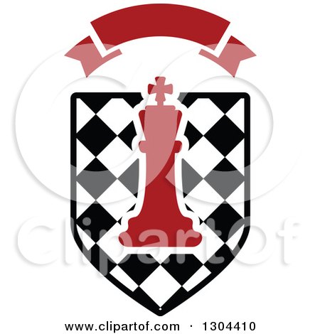 Clipart of a Red Chess King Piece with Outline Space over a Checkered Shield with a Blank Red Banner - Royalty Free Vector Illustration by Vector Tradition SM