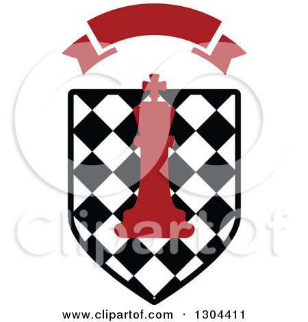 Clipart of a Red Chess King Piece over a Checkered Shield with a Blank Red Banner - Royalty Free Vector Illustration by Vector Tradition SM