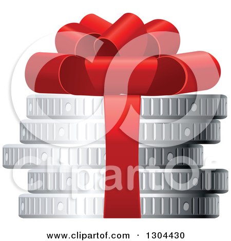 Clipart of a 3d Stack of Silver Coins with a Red Gift Bow - Royalty Free Vector Illustration by Vector Tradition SM
