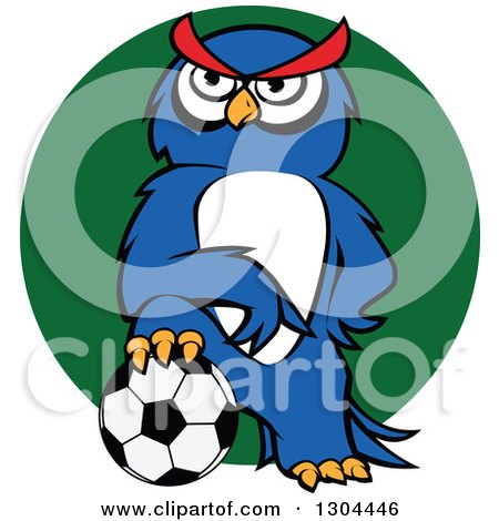 Clipart of a Cartoon Blue Sporty Owl Resting a Foot on a Soccer Ball over a Green Circle - Royalty Free Vector Illustration by Vector Tradition SM