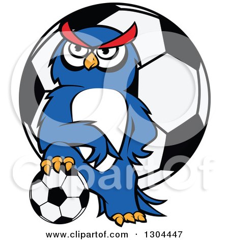 Clipart of a Cartoon Blue Sporty Owl Resting a Foot on a Soccer Ball over a Giant Ball - Royalty Free Vector Illustration by Vector Tradition SM