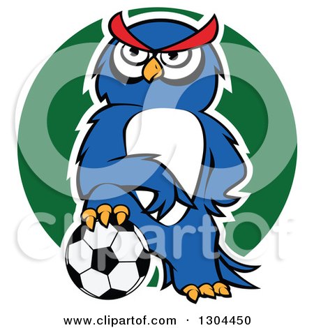 Clipart of a Cartoon Outlined Blue Sporty Owl Resting a Foot on a Soccer Ball over a Green Circle - Royalty Free Vector Illustration by Vector Tradition SM