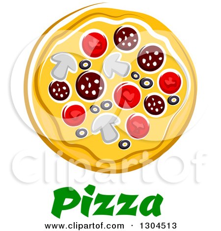 Clipart of a Cartoon Supreme Pizza over Text - Royalty Free Vector Illustration by Vector Tradition SM