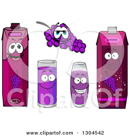 Clipart of a Happy Bunch of Purple Grapes Character, Juice Glasses and Cartons 2 - Royalty Free Vector Illustration by Vector Tradition SM