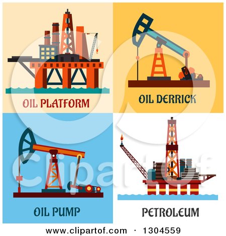 Clipart of Flat Modern Oil Platform, Derrick, Pump and Petroleum Designs - Royalty Free Vector Illustration by Vector Tradition SM