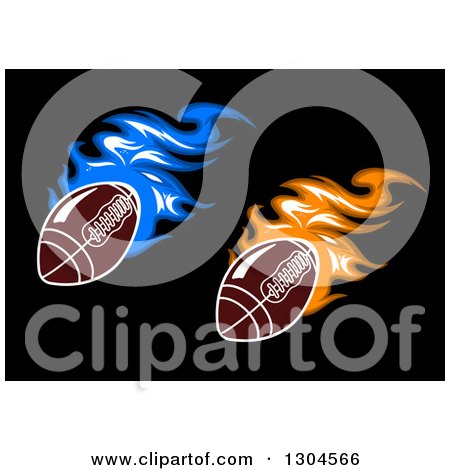 Clipart of Blue and Orange Flaming American Footballs on Black - Royalty Free Vector Illustration by Vector Tradition SM
