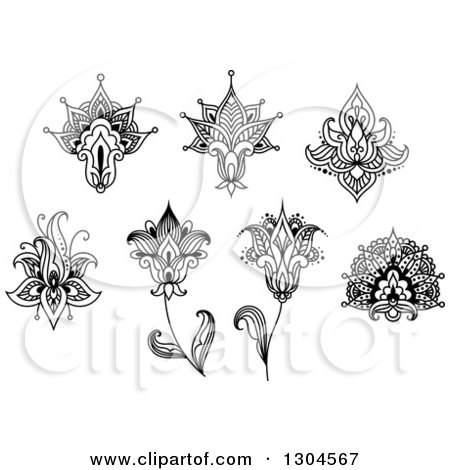 Clipart of Black and White Henna and Lotus Flowers 7 - Royalty Free Vector Illustration by Vector Tradition SM