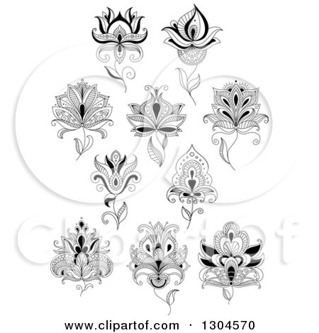 Clipart of Black and White Henna and Lotus Flowers 8 - Royalty Free Vector Illustration by Vector Tradition SM