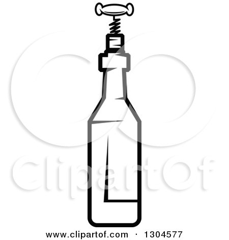 Clipart of a Black and White Champagne Bottle and Corkscrew - Royalty Free Vector Illustration by Vector Tradition SM