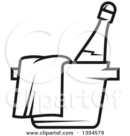 Clipart of a Black and White Champagne Bottle with a Towel in an Ice Bucket - Royalty Free Vector Illustration by Vector Tradition SM