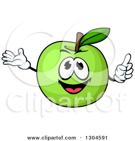 Clipart of a Happy Green Apple Character Holding up a Finger and Presenting - Royalty Free Vector Illustration by Vector Tradition SM