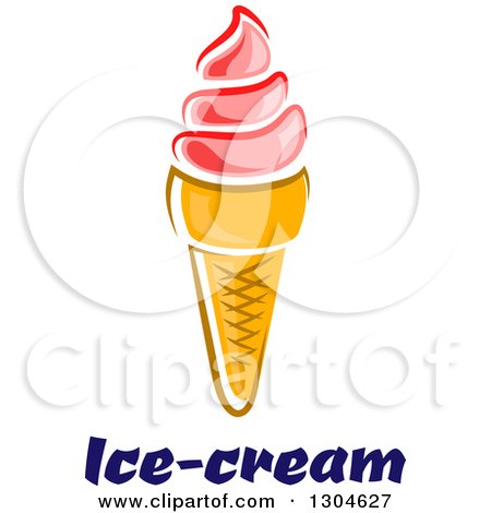 Clipart of a Pink Strawberry Waffle Ice Cream Cone over Blue Text - Royalty Free Vector Illustration by Vector Tradition SM