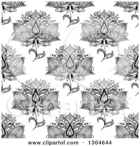 Clipart of a Background Pattern of Seamless Black Henna Flowers on White - Royalty Free Vector Illustration by Vector Tradition SM